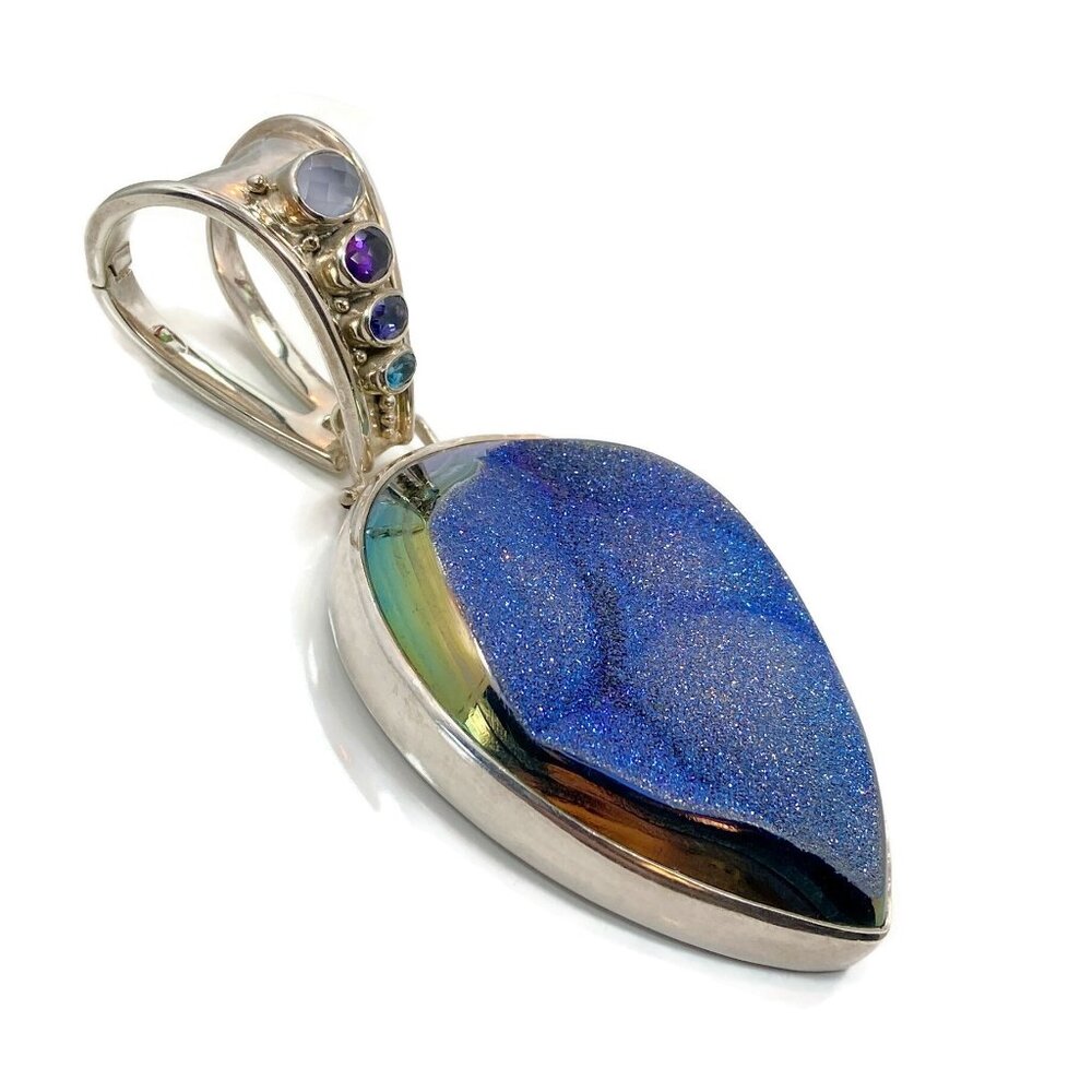 Druzy Pendant, Amethyst, Sterling Silver, Iolite, Blue Topaz, Calcedony, Sajen - Picture 7 of 7